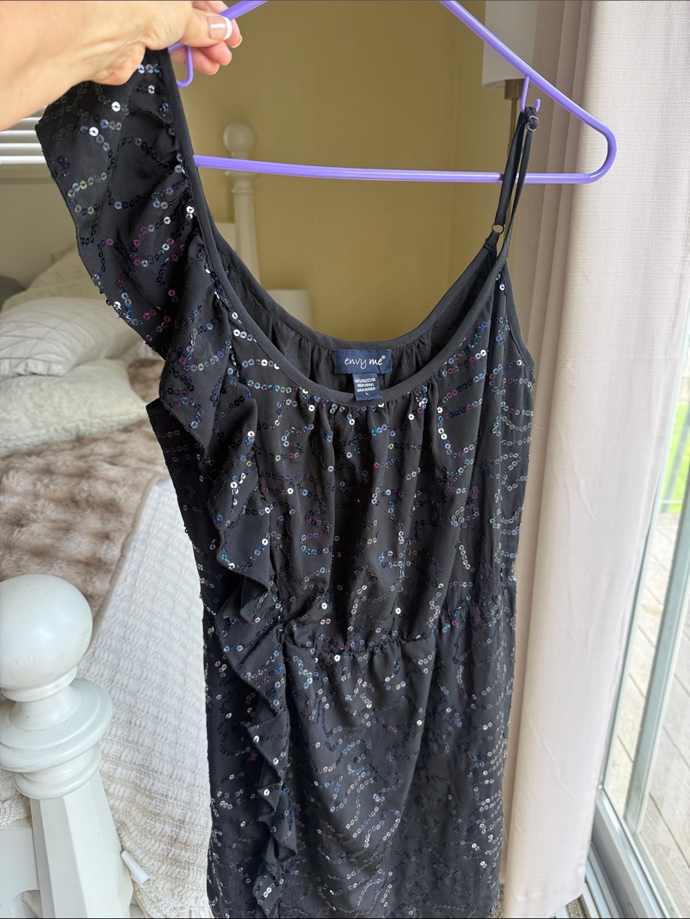 envy Black Sequin One-Shoulder Ruffle woman’s Dress